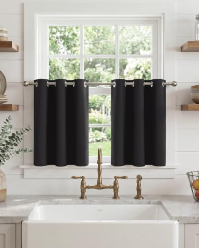 PONY DANCE Short Blackout Curtains with Rings 29x36 Inch - Black, Small Thermal Insulated Drapes for Kitchen & Bedroom, Light Blocking, Privacy Safe, 2 Panels