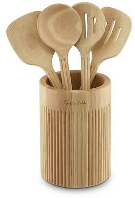 Sur La Table Set of 4 Wooden Utensils with Holder, Solid Turner/Solid Spoon/Slotted Turner/Slotted Spoon, Easy to Clean, Made from Hevea Wood with FSC Certified Materials SLT847091