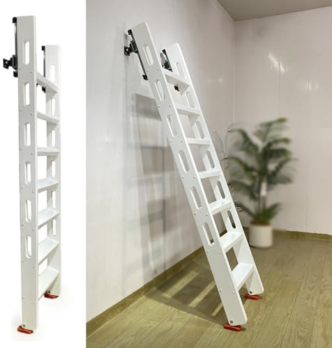 EXCLURA Dachbodentreppe Dachbodentreppe mit Gleitschiene, rutschfeste Etagenbettleiter zum Erklimmen von Dachbodenstufen, Dachbodentreppe mit Winkelverstellbaren Gummifüßen(White,5 Step-1.56m(5.1ft))