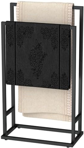 Free standing Towel Rail, Black Towel Rack Stand with 2 Rails, 2 Tier Bathroom Towel Holder Ladder and Towel Drying Rack for Bathroom Laundry Room Bedroom Pool, Black