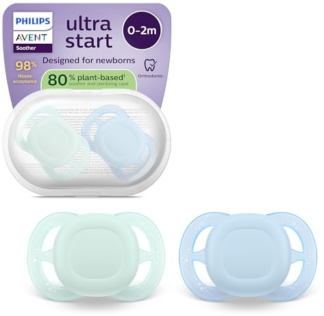 Philips Avent ultra start Schnuller – kiefergerecht geformtes Design, für Neugeborene, weicher, symmetrischer Silikonsauger, BPA-frei, mit Sterilisationsbehälter, 2er-Pack, SCF075/12
