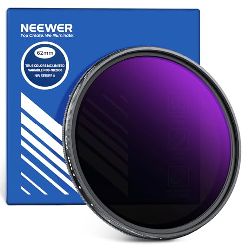 NEEWER 62mm Variable ND Filter (ND8-2000), True Color & Hard Stop, 3-11 Stops Adjustable Limited Neutral Density Lens Filter for DSLR Mirrorless Cameras, Multicoated Optical Glass, Slim Aluminum Frame