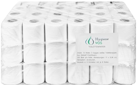 Hygiene VOS Toilettenpapier 3-lagig – 72 Rollen – Zellstoff aus Frischfasern – 250 Blatt pro Rolle – Weiß – Weich & reißfest – Großpackung für Haushalt & Gewerbe