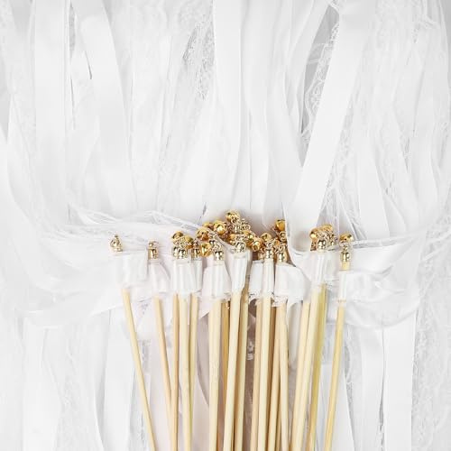 30 Stück Weiß Wedding Wands mit Glocke, Hochzeit Stäbe Seidenfeenstab, Zauberstäbe Hochzeit Luftschlangen, Romantic Zauberstäbe Bänder Hochzeit für Hochzeiten, Geburtstage, Feiertagsfeiern