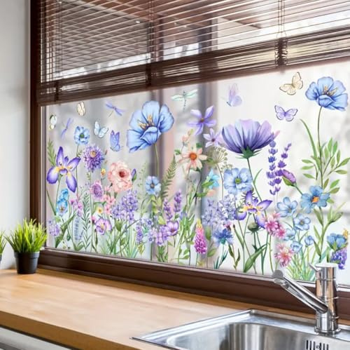 WandSticker4U®- Fensterbilder Frühling BLUMENWIESE blau selbstklebend (95x59 cm) I Fenstersticker Blumen Pflanzen I Fensteraufkleber Fensterdeko Blumen Frühlingsdeko Fenster wiederverwendbar GROß