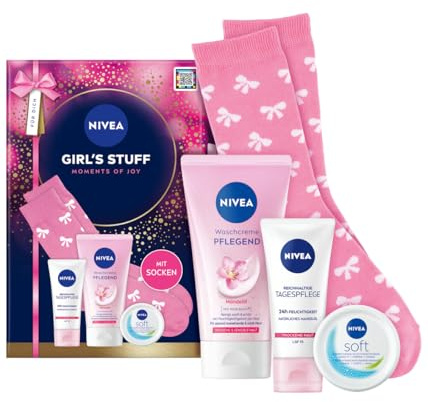 NIVEA Girl's Stuff Moments of Joy Geschenkset, Hautpflege-Set mit Waschcreme, Soft Feuchtigkeitscreme, Tagespflege und Schleifen-Socken, Pflegeset für Trockene und Sensible Haut