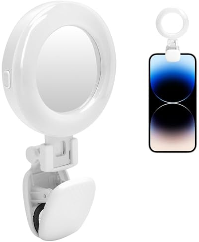 LED Selfie Ring Light with Mirror, Rotating Makeup Light 3 Colors Dimmable 180° Rechargeable USB-C Compact Light for TikTok Zoom Vlog and Direct Compatible with iPhone and Android