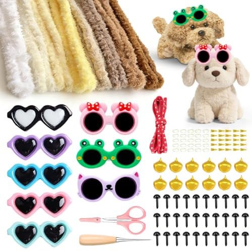 Pfeifenputzer Zum Basteln, 8 Stück Pfeifenreiniger Bunt, Filz Set Für 8 Hund, Tiere Filzen Starterset mit Zubehör, 100cm Chenilledraht Pfeifenputzer für DIY, kreative-Tierbastelarbeiten & Dekorationen