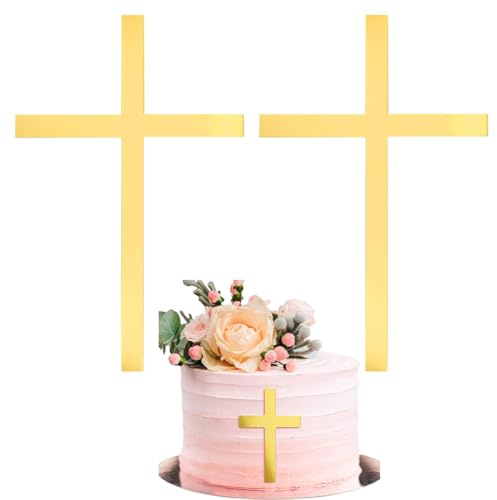 Luxorium 2 pezzi Topper Torta Croce Oro per Prima Comunione, Cresima, Battesimo - Elegante Decorazione per Torte in Acrilico