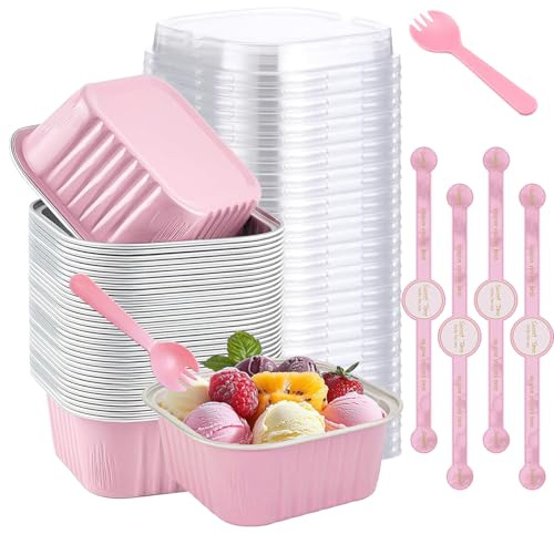 50PCS Mini Cake Baking Cups with Lids and Spoons 5oz Square Aluminum Foil Baking Pans for Mini Loaf Tins Cupcake Boxes Cheesecake Pots Tiramisu Container for Party Wedding Picnic(Pink)