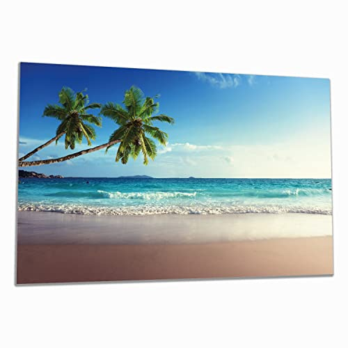 Wallario Herdabdeckplatte/Spritzschutz aus Glas, 1-teilig, 80x52cm, für Ceran- und Induktionsherde, Sandstrand auf den Seychellen - Urlaub unter Palmen