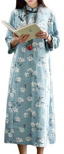 Women's Cotton Linen Cheongsam Dress with White Magnolia Flowers Vintage Chinese Qipao for Wedding,Party,Evening Wear((US, Alpha, Medium, Regular, Regular, White Magnolia)