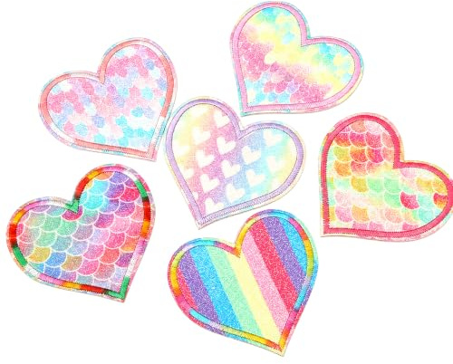 Regenbogenfarbe Herzform Tuch-Patches DIY-Kleidungs-Ausbeißer Zubehör (6 Stück) mit Cartoon-Stickerei-Aufklebern für T-Shirts, Jeans, Jacken, Rucksäcke - Mädchen & Kinder