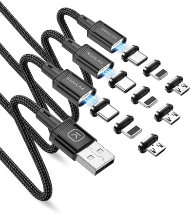 Kuulaa Magnetisches Ladekabel, magnetisches Lightning-Kabel, magnetisches Handy-Ladegerät, 3 A, schnelles Aufladen mit 3-in-1-Ladespitzen, Nylonummanteltes Handykabel, kompatibel mit allen Geräten, 3
