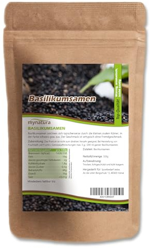 Mynatura Basilikumsamen ganz 500g I Basilikum I Samen I Smoothie I Nahrungsergänzung I Gewürz I Rohkost I Salatdressing I Falooda I Beutel (1x 500g)