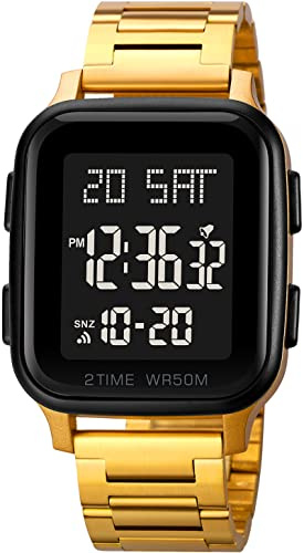 findtime Digital Herren Uhren Edelstahl Digitale Armbanduhr 5ATM Wasserdicht Männer Uhr Multifunktions Digitaluhr mit Wecker Stoppuhr Kalender LED Dualzeit Eckiges Gehäuse