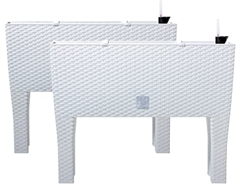 PAFEN 2X Blumentöpf Blumenkasten mit Füßen – 595 x 240 x 460 mm - Pflanztopf Rattan-Optik Übertopf Wasserstandsanzeiger Balkonkasten Pflanzkästen, Weiß