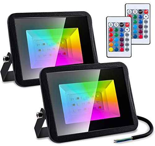 Jopassy RGB Spotlight 10W Projecteur avec télécommande LED Projecteur Projecteur IP66 Imperméable à l’eau, Fonction mémoire Projecteur pour intérieur, jardin, arrière-cour-2pcs