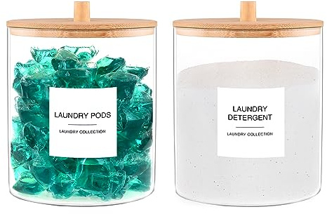 Glass Jars for Laundry Room Organization, Laundry Pods Container with 27 Labels, Detergent Holder with Bamboo Lid, Cute Storage Jars (Set of 2)