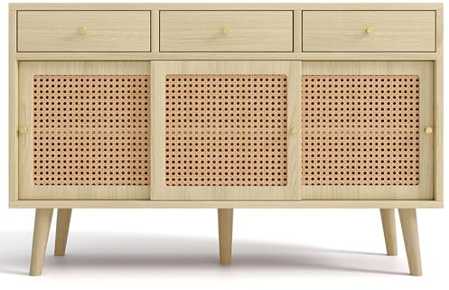 Azkoeesy Kommode Sideboard aus Rattan, 140 cm, mit Schubladen und Schiebetüren, Massivholzbeinen, Spanplatte, Eiche, Landhausstil, Buffet-Küchenschrank für Wohn- und Esszimmer