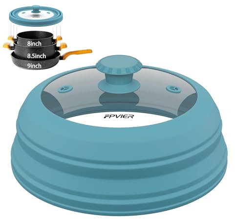 FPVIER Collapsible Microwave Splatter Cover - Vented Silicone & Glass Lid with Easy-Grip Handle, Fits 6 to 8 Inch Plates & Bowls, 9 Inch Diameter, Prevents Splatters & Ensures Even Heating