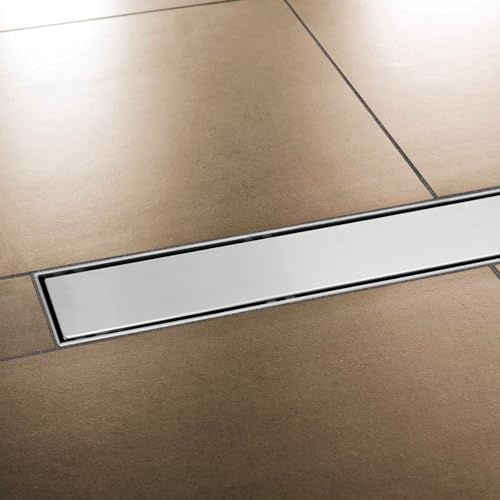 Edelstahl Duschrinne extra flach mit Ablauf & Siphon (80cm, Höhe 53mm) - waagerechter Duschablauf Komplettset Vollabdeckung - Duschabfluss & Duschablaufrinne mit passender Dichtmanschette