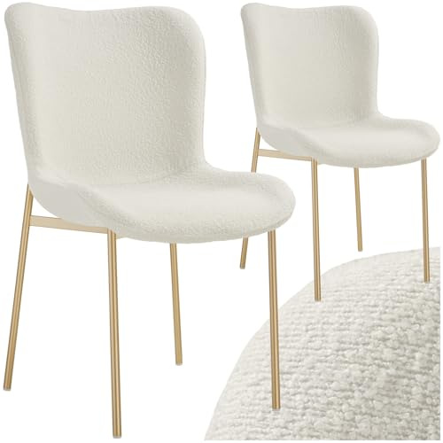 tectake® 2er Stuhl Set, Bouclé Stoff, Schalensitz Stuhl für Küche, Esstisch, Sessel Schminktisch, Cocktailsessel, Elegante Esszimmerstühle oder Wohnzimmerstühle für edles Dining - Bouclé weiß/Gold
