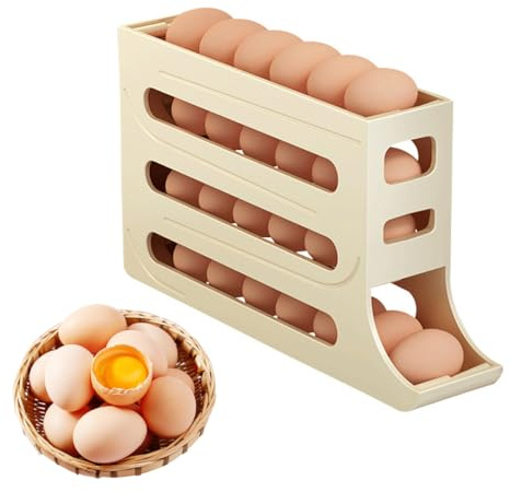Ruayia Eierhalter 30 Eier 4 Stöckiges Eier aufbewahrung Kühlschrank Automatisch Rollender Eierspender kühlschrank Große kapazität Stapelbarer - Beige