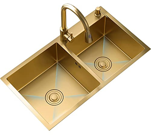 Fregadero de cocina de acero inoxidable 304 de dos senos para preparación de bebidas con grifo y desagüe, montaje superior o inferior para cocina, patio, oficina (color: dorado-b, tamaño: 82 x 45