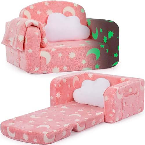 Kids Couch, 2-in-1 Soft Toddler Couch Fold Out with Blanket and Cloud Pillow, Glow in The Dark, Convertible Sofa, Gifts for Kids Girl Boys, Medium Pink Moon
