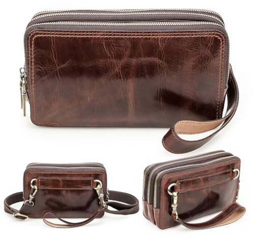 Contacts Sac à main en cuir véritable avec dragonne à 3 fermetures éclair, petit sac à bandoulière unisexe, pochette, sac à bandoulière pour femme/homme, marron foncé, Small