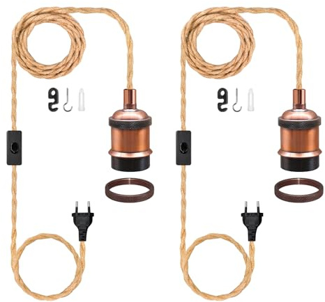 2 Piezas Lámpara de Cuerda de Cáñamo con Enchufe y Interruptor, Borgoña Portalámparas E26 E27 con Cable Vintage de 510CM en Cuerda de Cáñamo Trenzada, Kit De Cáñamo Lámparas de Techo DIY