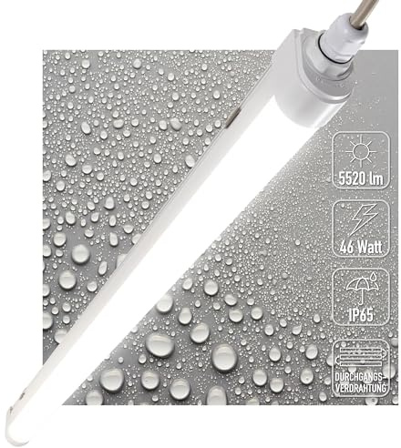 Proventa LED Feuchtraumleuchte 150cm IP65 46W 5520lm 4000K Weiß - durchverdrahtet verknüpfbar, Wannenleuchte, Werkstatt Deckenleuchte, Garagen, Kellerlampe, Leuchtstoffröhre LED, Balken, Komplett