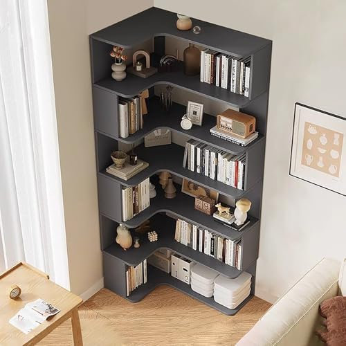 6-Tier Corner Bookshelf, Modern Tall Bookcase with Anti-Drop Panel, L-Shaped Etagere Shelf, Freestanding Display Rack for Home Office and Living Room Storage Organizer