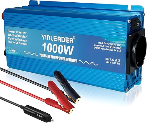 Yinleader Inversor de Onda Sinusoidal Pura 1000W Convierte Transformador 12V a 230V, con 2 Puertos USB - Ideal para Coche, Caravana, Barco y Camping