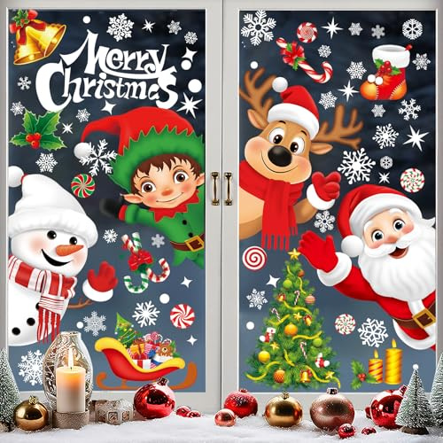 Fensterbilder Weihnachten, 268 Stück Fensteraufkleber Selbstklebend mit Schneeflocken Weihnachtsmann Schneemann Elf Elch, Wiederverwendbare PVC Fensterdeko für Winter Kinderzimmer Weihnachtsdeko