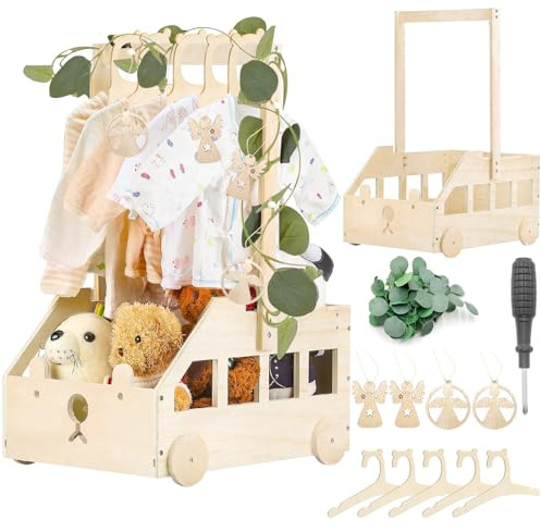 Regali Baby Shower - Cesto Nascita Bimbo in Legno con Ruote, Maniglia & 5 Grucce Arcobaleno | Scatola Organizzatore per Cesto Prodotti Neonato, Set Bagno e Idee Regalo Nascita(Bunny)