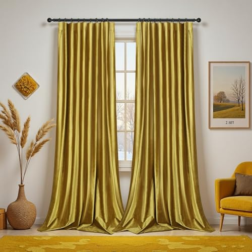 PLODAXE 2er Set Samtvorhang Kräuselband, Hochglänzender Diamantsamt Vorhänge Verdunkelung Samt Gardinen, Thermogardine Kälteschutz, Velvet Curtains Wohnzimmer, Schlafzimmer (H274xB132CM, Gold)