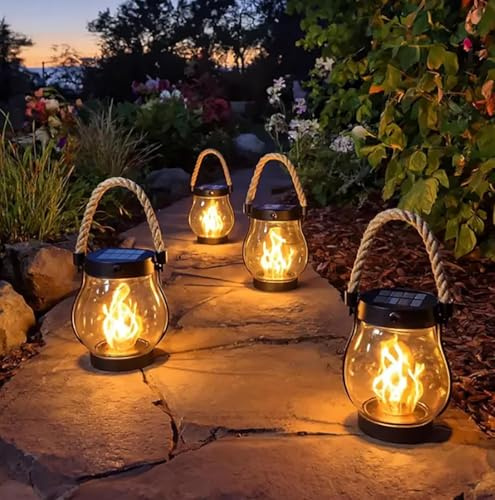 Solar Lantern Outdoor Lights, Dancing Flame Solar Lantern Outdoor Lights, Hemp Rope Flame Lamp, for Camping Pathway Yard Patio Porch Garden Decor, Dual Charging Modes