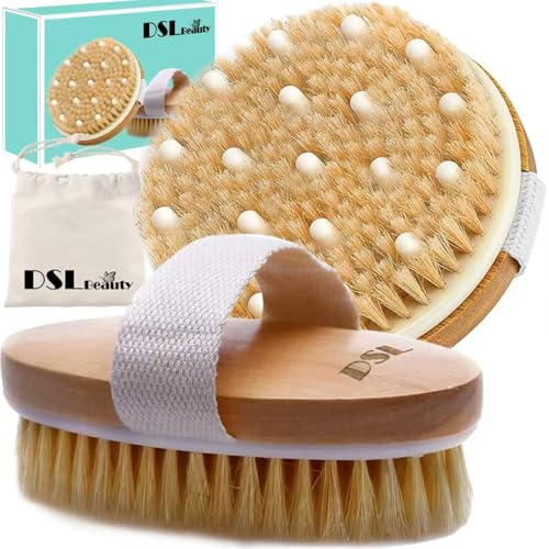DSL Dry Brush Set for Lymphatic Drainage – Body Brush Twin Pack (Round + Oval) for Exfoliation, Dry Brushing & Cellulite Massage – Natural Bristles