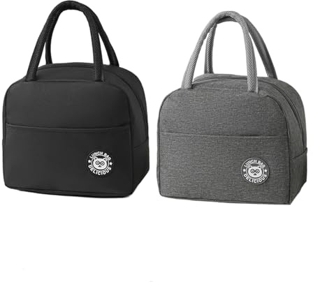 OYUUJII 2 Pièces Sac Isotherme Repas en Feuille d'Aluminium Isolée Pliable | Noir + Gris Étanche Réutilisables Lunch Bag Isotherme Sacs à Déjeuner Sac Repas Isotherme pour École Bureau Pique-nique
