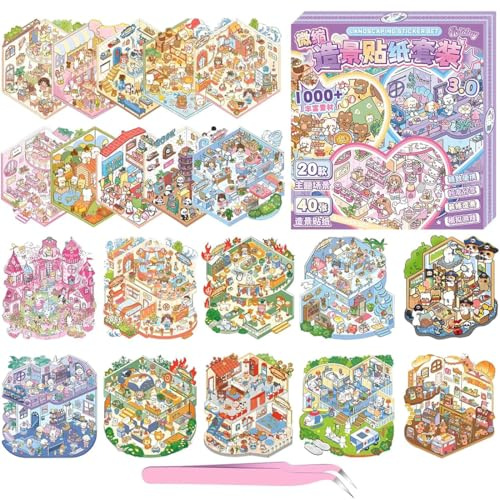 20 Sets Libro de Pegatinas 3D con Escenas, House Stickers, Sticker Therapy, DIY Stress Relief Sticker Scenes with 26 PET Pegatinas, 20 Miniature Scene, 1 Pinzas, for Adulto Niño Adolescente