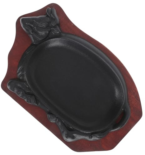 ROMISBABA Plancha para Filetes Parrilla de Hierro Fundido 21X14 CM Bandeja de Madera Roja Sartén Teppanyaki Antiadherente para Casa y Barbacoa Plato para Parrilla de Carne