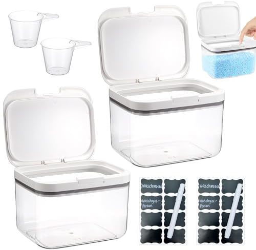 HXXWEUS Waschmittel Aufbewahrung, 2 Stück 2,8L Aufbewahrungsbox mit Deckel, Pop Up Waschmittel Aufbewahrung, Waschpulver Aufbewahrungsbox mit Löffeln, Wäsche Pods Behälter, für Katzenfutter
