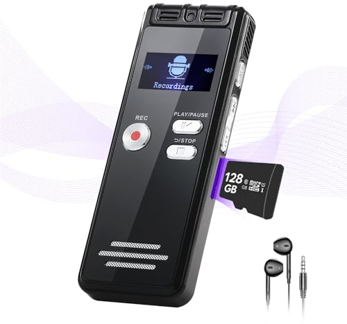 NekSide Registratore vocale da 128 GB – 1536 kbps registratore vocale digitale, interfaccia di tipo C, registrazione one-touch, MP3, registratore HD Dual MIC per conferenze, interviste, riunioni