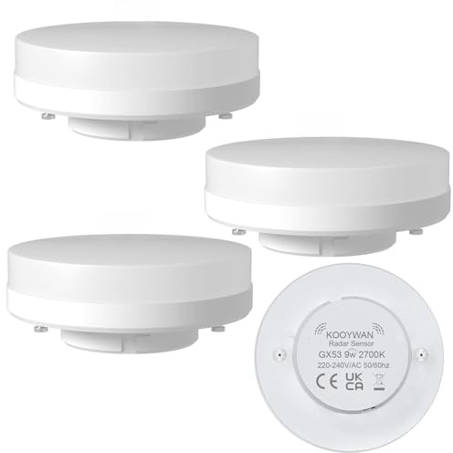 KOOYWAN GX53 LED Lampe mit Radarsensor 4er Pack, 9W 850LM 2700K Warmweiß, Unsichtbarer Bewegungsmelder durchdringt Holz, Smarte Küchenunterbauleuchte & Flurlicht, Abstrahlwinkel 120°