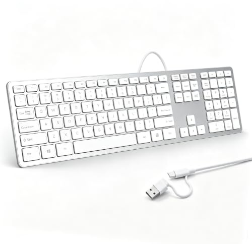 SRAYG Tastiera cablata per Mac con tastierino numerico, USB e tipo C, doppia interfaccia, tastiera da ufficio compatibile con MacBook Pro/Air, iMac, Mac Mini, layout QWERTY US, argento
