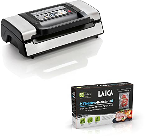 Laica VT3120 Macchina Sottovuoto per Alimenti, Automatica, Doppia Pompa, Acciaio, 20L/min & TR1000 Sacchetti Sottovuoto per Cottura Sous Vide e Conservazione Alimenti, Plastica
