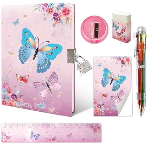 Set Tagebuch Mädchen, Kinder Schreibwaren-Geschenkset Enthält Schmetterlings Tagebuch mit Schloss Notizblock Radiergummi Spitzer Lineal & 6-Farben-Stift für Teenager Notizbuch Geschenke 6-12 Jahren
