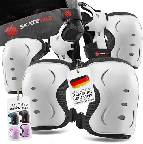 SKATEWIZ Knee Pads for Kids - Kids Knee Pads - Scooter Roller Skating Skateboard Inline Skates - IMPACT - Size M White - Skating Protective Gear